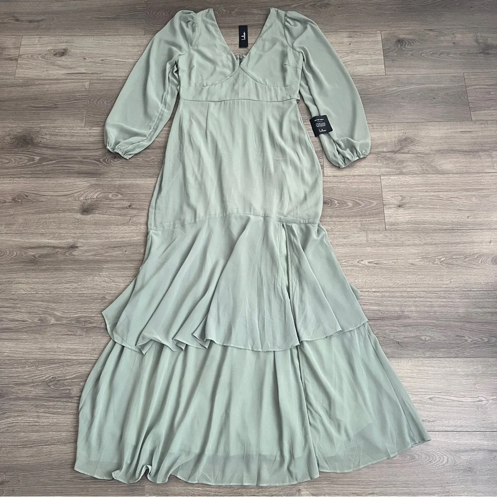 Lulus Tier Elegance Tiered Maxi Dress Large Sage Green Chiffon Long Sleeve *FLAW - Picture 4 of 12